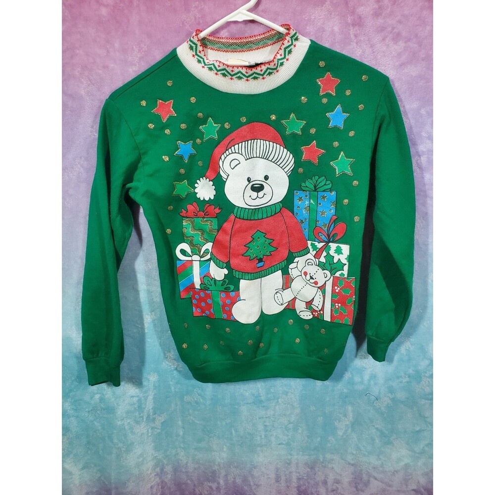 Christmas Bear Stepping Stones Vtg Sweater Glitter Presents Holiday Size Medium